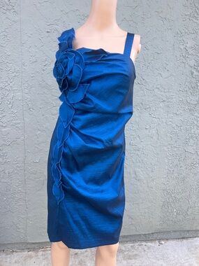 Elegant Blue Satin Dress w/ Statement Flower Size 14 Wedding Guest